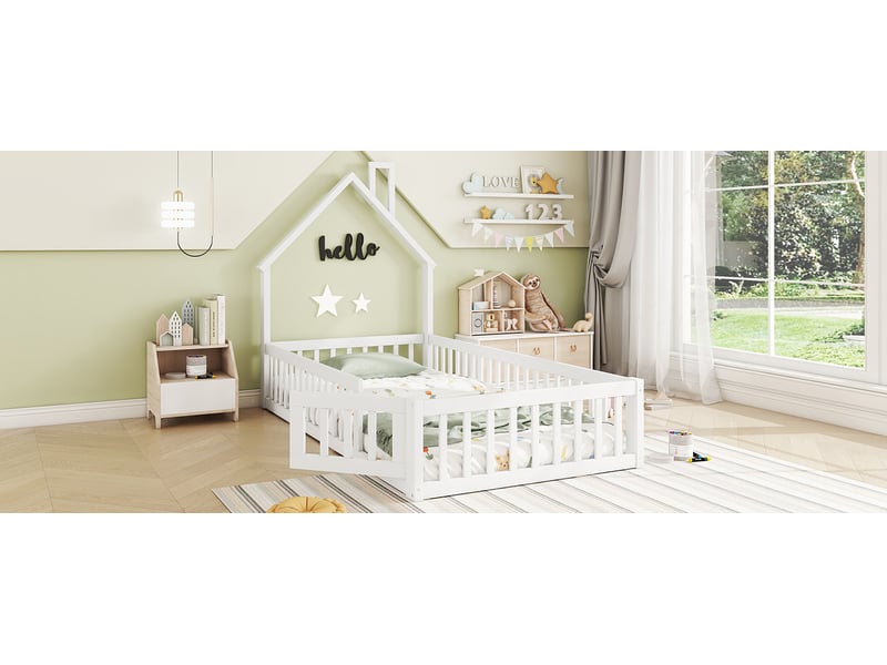  Lit enfant 90x200 en pin massif blanc avec sommier - design cabane cheminée moderne  - Conforama D