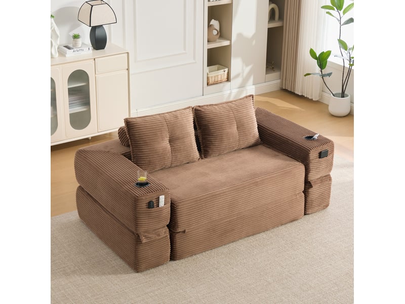 Canapé convertible 2 places avec couchage, poches latérales, porte-gobelet et coussins en velours côtelé marron - Conforama B
