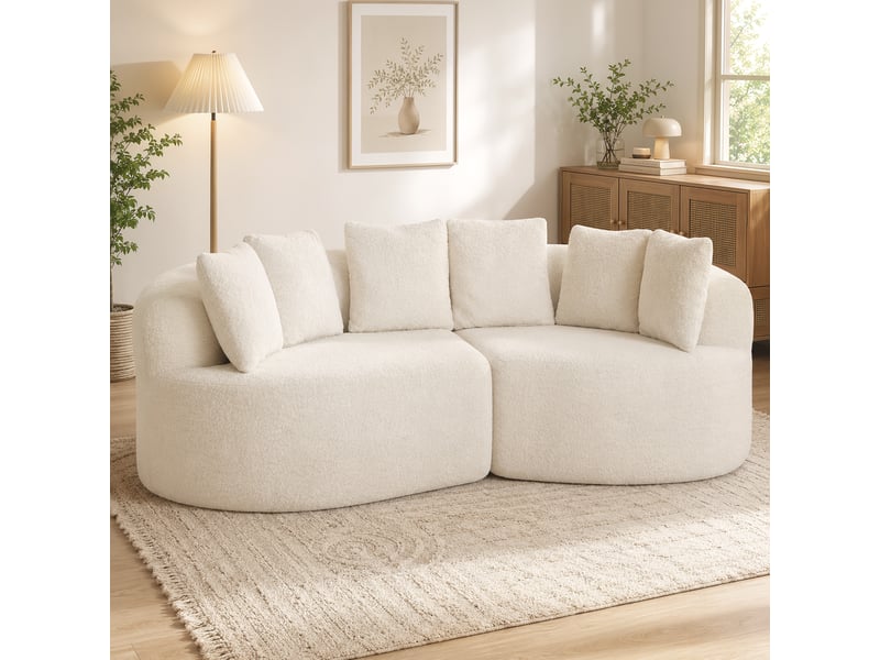  Canapé design arrondi 3 places 6 coussins tissu chenille crème  - Conforama B