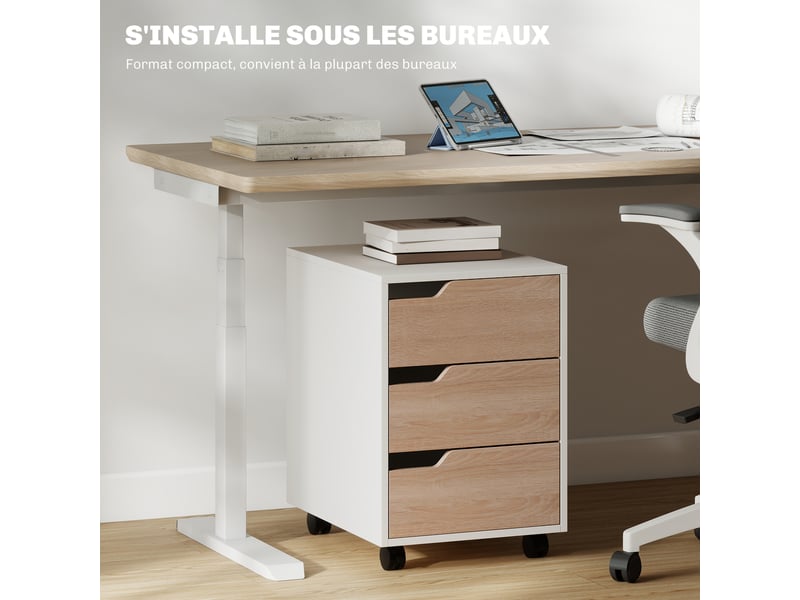  Caisson bureau mobile, meuble rangement bureau sur roulettes, 3 tiroirs, blanc et chêne, 40x50x57,5cm  - Conforama E