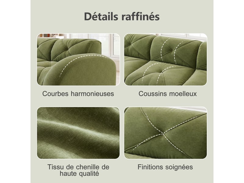  Canapé modulable 3 places en u, revêtement chenille vert, design sans dossier, inclut 2 poufs, idéal salon  - Conforama D