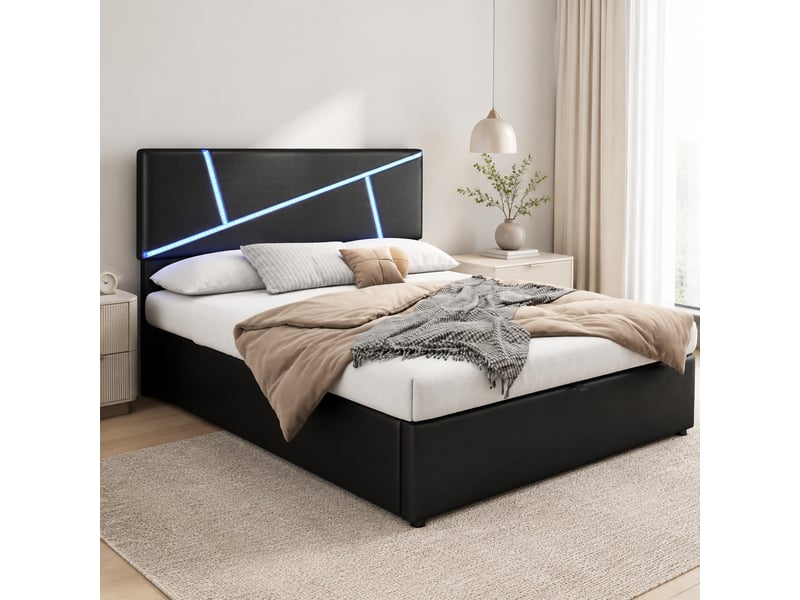  Lit double avec rangement hydraulique et led 140x200 cm, tête de lit en pu noir  - Conforama B