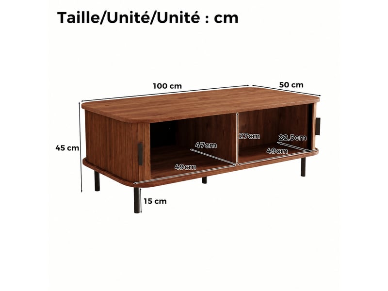  Table basse effet noyer avec 2 portes coulissantes à lattes verticales, 100 x 50 x 45 cm  - Conforama C