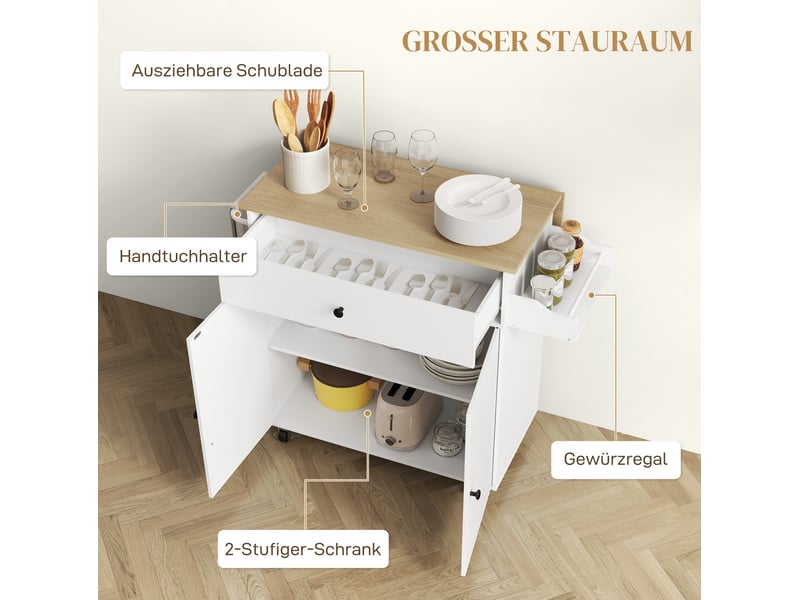  Desserte de cuisine 106 x 42 x 87 cm blanche en mdf, plan de travail rabattable et roulettes freinées  - Conforama E