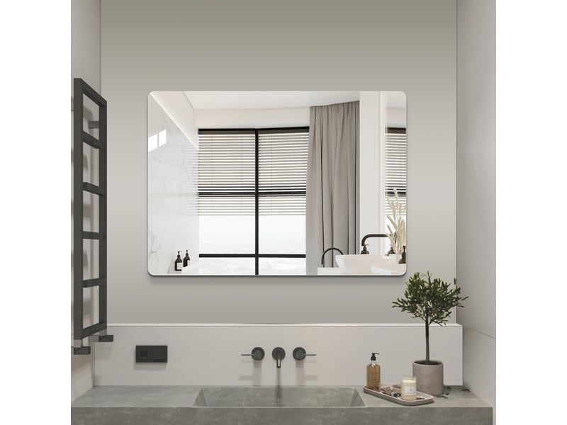 Miroir salle de bain 50x70, miroir mural sans cadre avec bords arrondis r50, verre argenté 5mm anti-éclat, installation horizontale ou verticale. - Conforama C