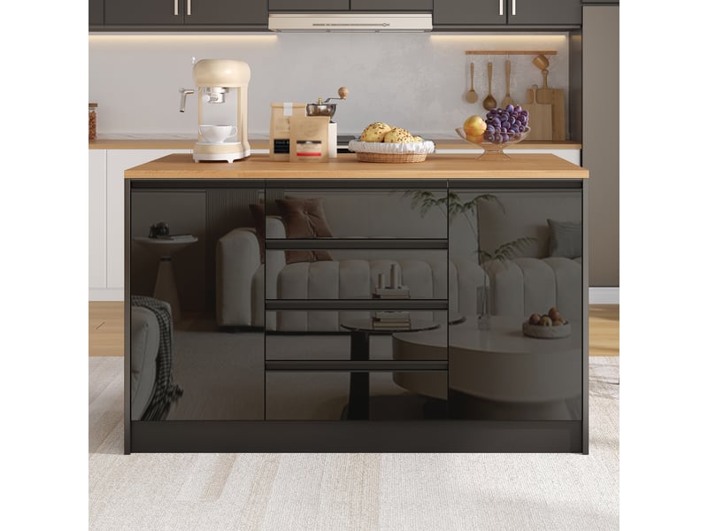  Îlot de cuisine 140 cm avec plan de travail extensible, meuble de rangement central avec 4 tiroirs et 2 placards, noir brillant et aspect bois.  - Conforama B