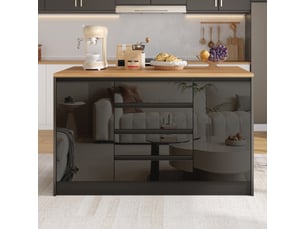 Îlot de cuisine 140 cm avec plan de travail extensible, meuble de rangement central avec 4 tiroirs et 2 placards, noir brillant et aspect bois.