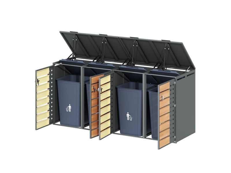  Cache-poubelles 4 compartiments, couvercle rabattable, panneaux diamant perforés, métal noir  - Conforama D