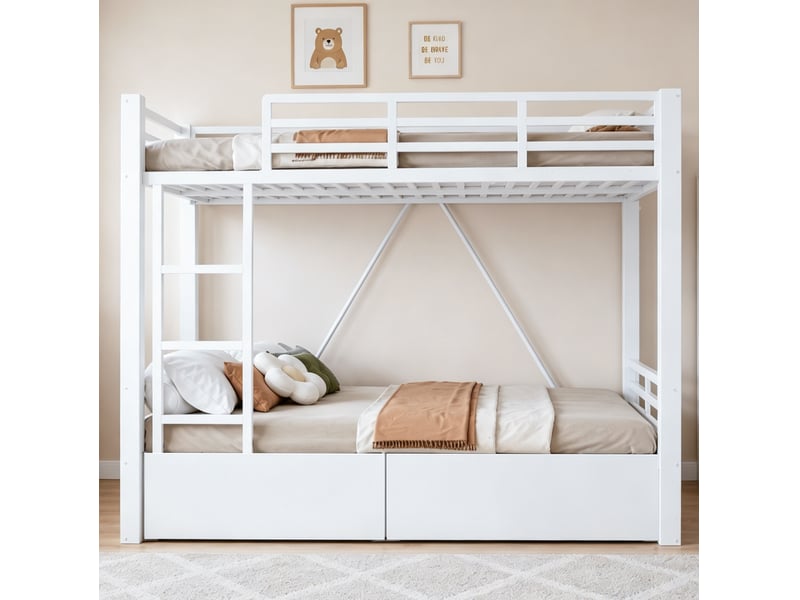  Lit superposé 140 × 200 cm avec 2 tiroirs, échelle et barrières de sécurité en métal blanc pour chambre enfant  - Conforama D