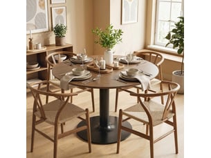 Table à manger ronde 110 cm – marron décor bois – 6 personnes, pied central acier, charge maximale 30 kg