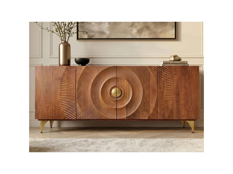 Buffet solaris 177 cm en bois massif de manguier – 4 portes sculptées motif solaire et pieds dorés - Conforama D