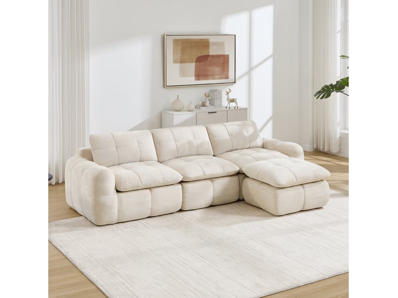 Canapé d'angle modulaire 3 places sans cadre avec ottomane et assise ergonomique, mousse 32d, en chenille beige - Conforama D