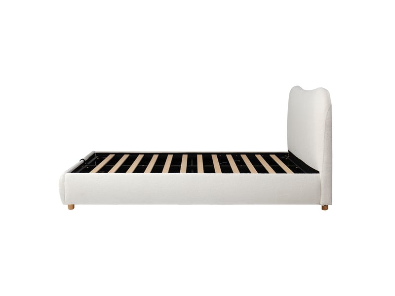  Lit rembourré, lit double, 180 x 200 cm, sommier à lattes, tête de lit et grand espace de rangement, pieds de lit en bois massif, tissu bouclé blanc  - Conforama E
