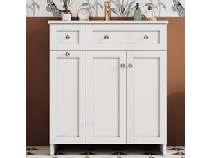 Meuble vasque blanc avec lavabo intégré, tiroirs et charnières amorties 76 cm