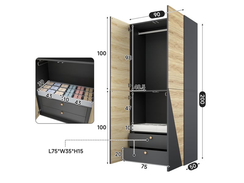  Armoire chambre 90x50x200 cm, armoire penderie moderne à portes battantes, avec 2 tiroirs et tringle, mdf et acier, gris carbone et bois  - Conforama E