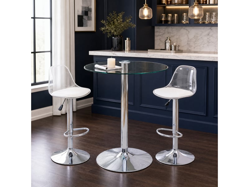  Ensemble table et chaises de bar avec 1 table, 2 tabourets  - réglables et pivotants - verre, métal et plastique - argenté transparent  - Conforama C