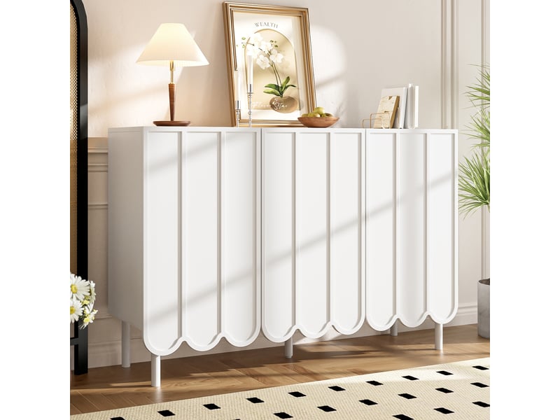  Buffet 120x35x80 cm - 3 portes ondulées - sans poignées - étagères réglables - blanc GL Store - Conforama E