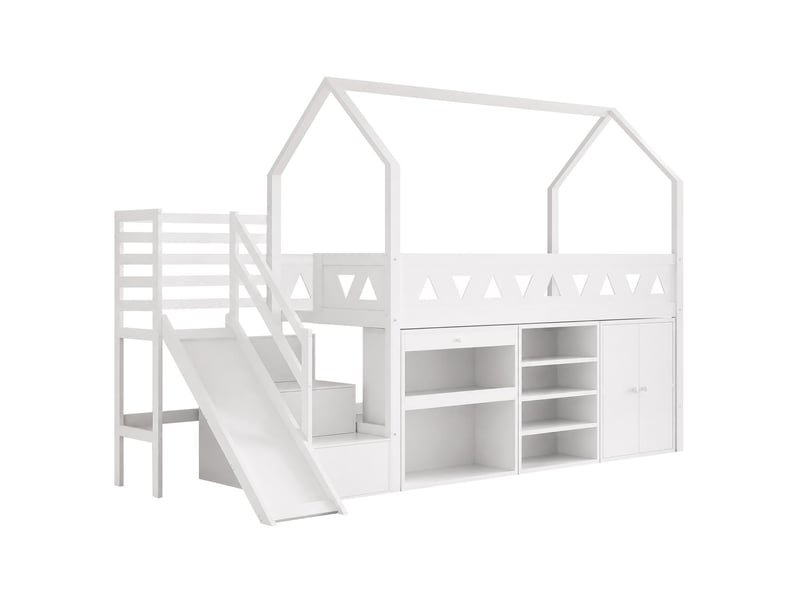 Lit simple 90 x 200 cm lit enfant multifonctionnel toboggan intégré escalier intégré tiroirs intégrés compartiment fermé bois massif blanc - Conforama A