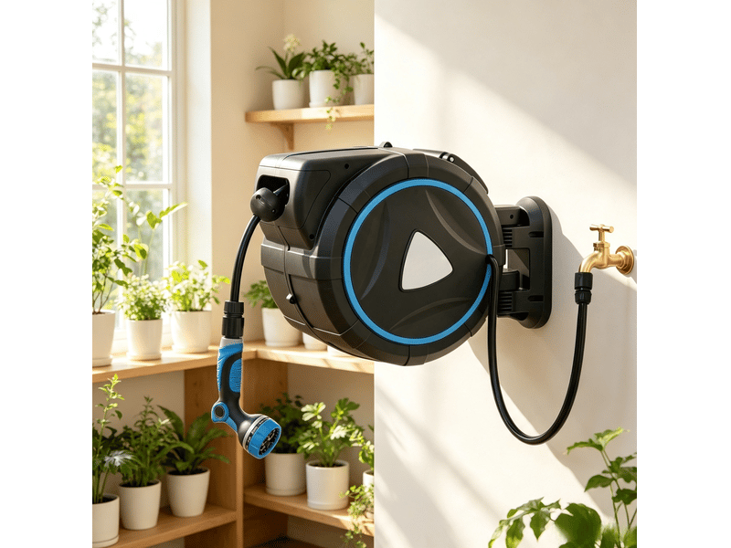  Dévidoir automatique mural 55 x 31 x 50 cm bleu en pvc, tuyau 23 m et pistolet d'arrosage 10 modes  - Conforama D