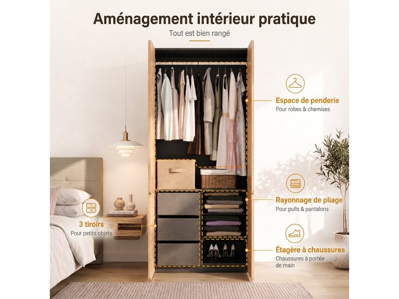  Armoire blanche 5 portes 200 cm avec led et verre strié  - Conforama R