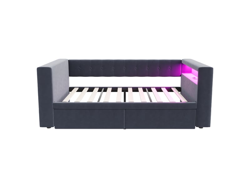  Lit simple 90x190 cm avec 2 tiroirs et led, flanelle, gris foncé, sans matelas  - Conforama D