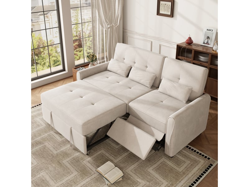  Canapé convertible 3 places 176 cm, fonction lit avec assise extensible et dossier réglable 3 positions, tissu chenille, beige OMNIGLINT TRADING LTD - Conforama B