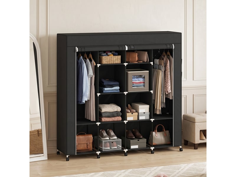  Armoire portable en tissu à roulettes, 10 compartiments, 2 tringles, structure en acier noir  - Conforama D