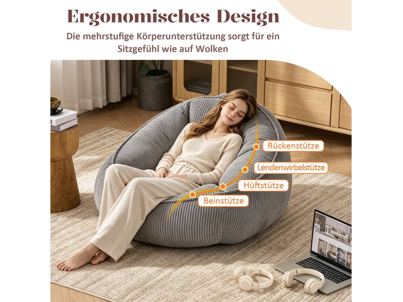  Fauteuil pouf avec dossier ergonomique et mousse à mémoire de forme, en velours côtelé gris clair, 90 × 90 × 59 cm  - Conforama D