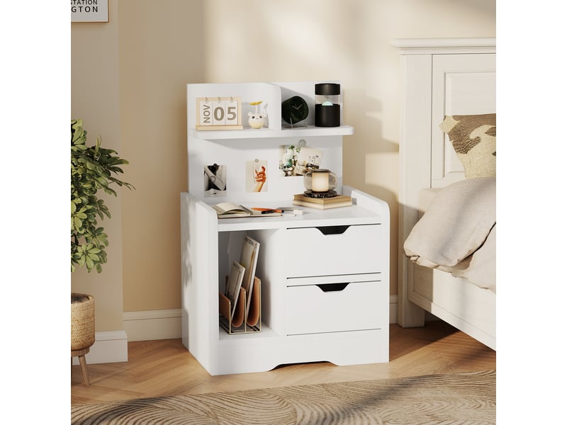  Table de chevet avec 2 tiroirs et étagères de rangement, table de chevet moderne en bois, blanc brillant  - Conforama C