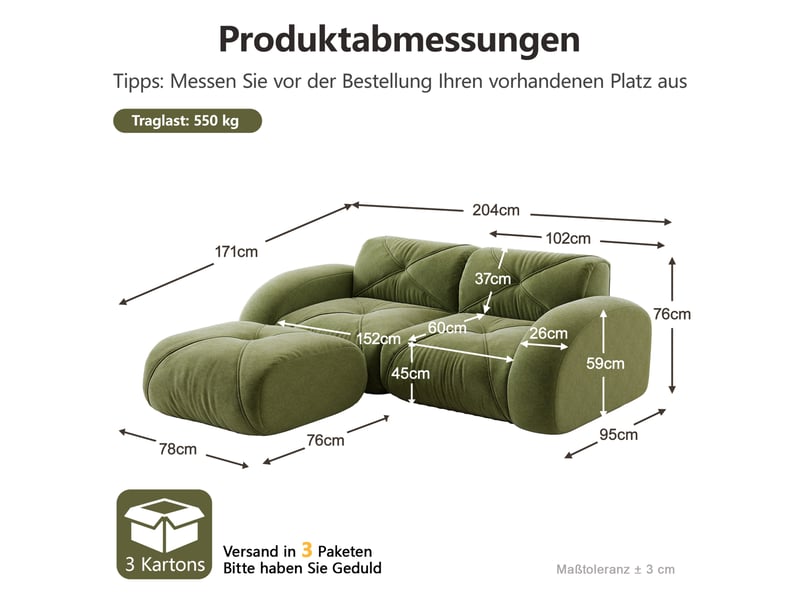  Canapé modulaire 2 places avec pouf en tissu chenille vert 204x171x76 cm  - Conforama C