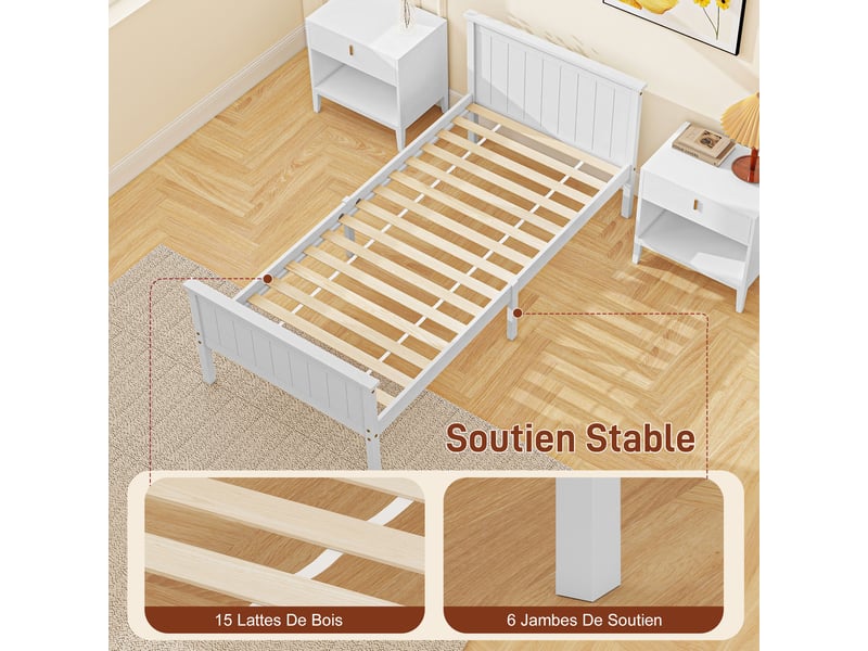  Cadre de lit 90x200 en bois massif, lit simple blanc avec sommier à lattes  - Conforama W