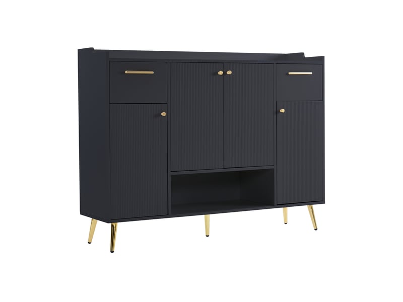 Meuble à chaussures 130x37x100 cm avec 2 tiroirs, 4 portes et niche, panneau de particules noir  - Conforama A