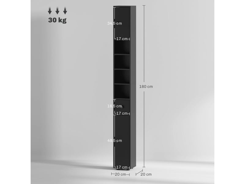  Armoire haute de salle de bain 180 x 20 cm rangement optimisé deux compartiments fermés un tiroir étagères ouvertes réglables panneaux de particules mélaminés noirs fixation murale anti-basculement  - Conforama C