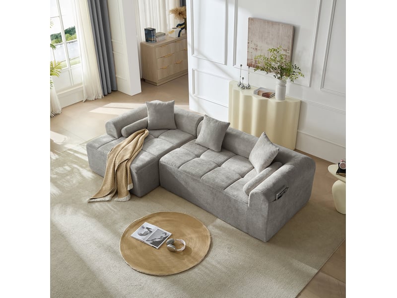 Canapé d'angle fixe tcqpz 4 places 263 x 132,5 x 98 cm chenille gris clair méridienne gauche - Conforama D