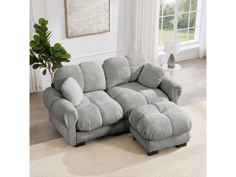 Canapé d’angle modulable 2 places avec pouf mobile - lpospi - coussins épais en chenille gris clair - Conforama C