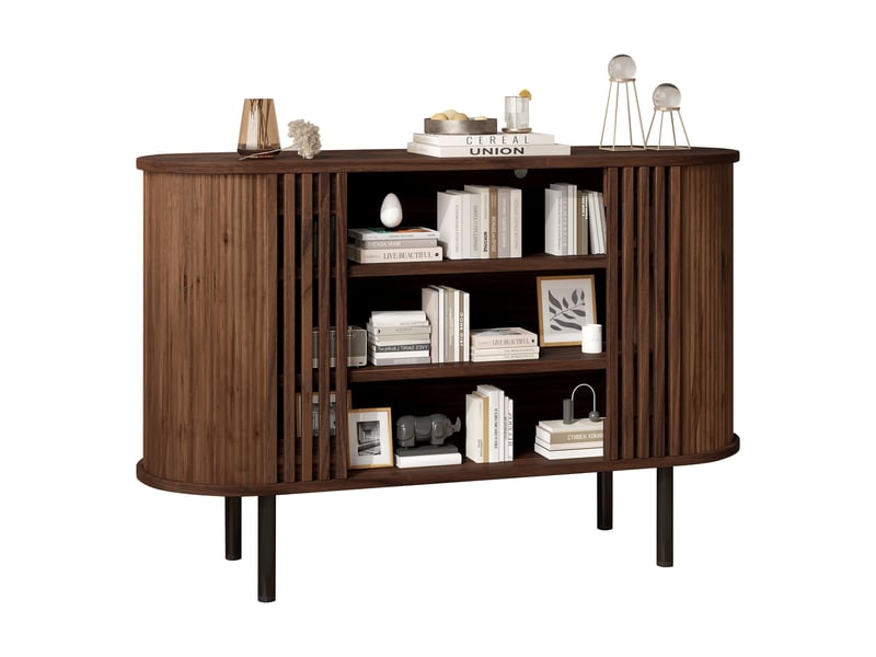  Buffet bas 120x40x80 cm avec rangements ouverts, 3 compartiments, pieds métalliques réglables, meuble salon salle à manger en mdf - noyer  - Conforama A