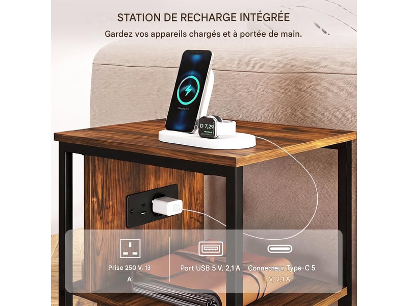  Table d'appoint avec station de charge et 2 étagères 34 x 30 x 58 cm  - Conforama E
