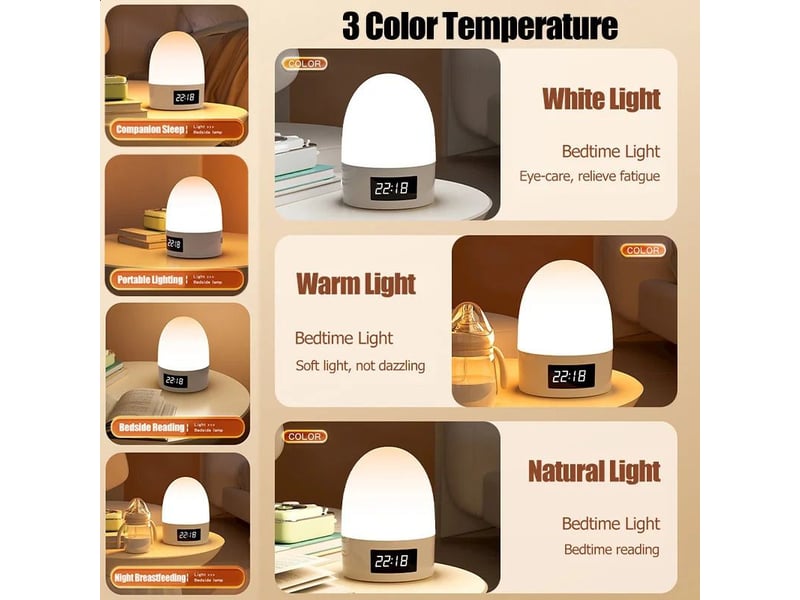  Lampe de chevet rechargeable avec horloge et télécommande – tactile, variateur, 3 températures de couleur, anti-éblouissement  - Conforama C