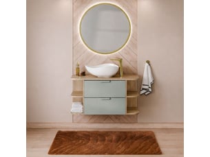 Ensemble oster 100cm : meubles sous vasque à tiroirs vert sauge et niches visibles + plan pour vasque + vasque à poser blanche