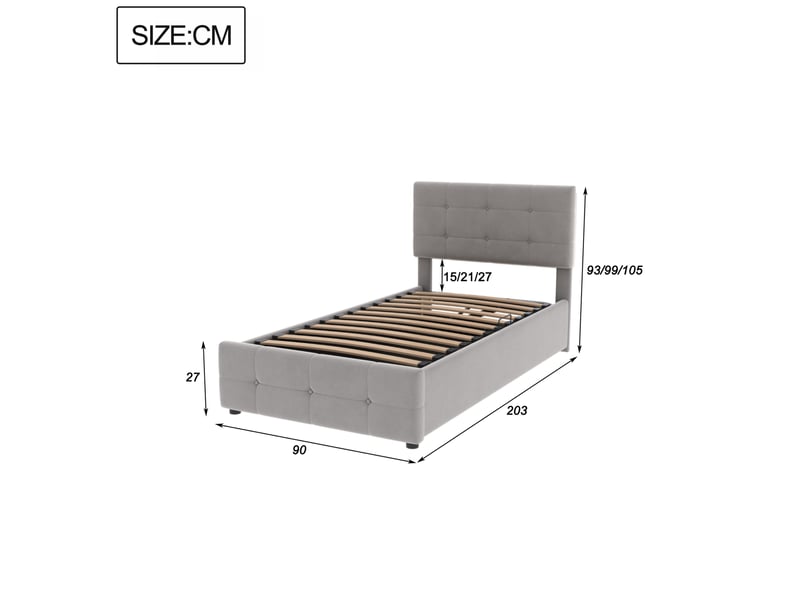  Lit enfant coffre hydraulique 90x200 cm en velours gris à tête réglable  - Conforama E