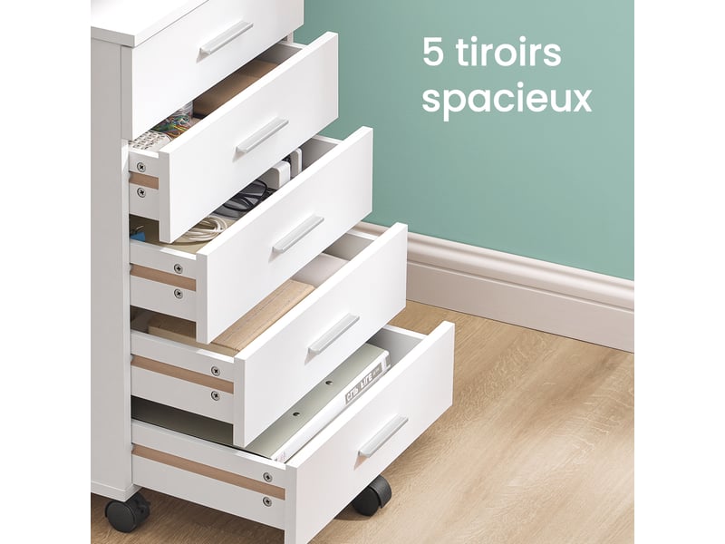 Caisson de bureau à roulettes, support pour imprimante, avec 5 tiroirs, rails coulissants, blanc  - Conforama C