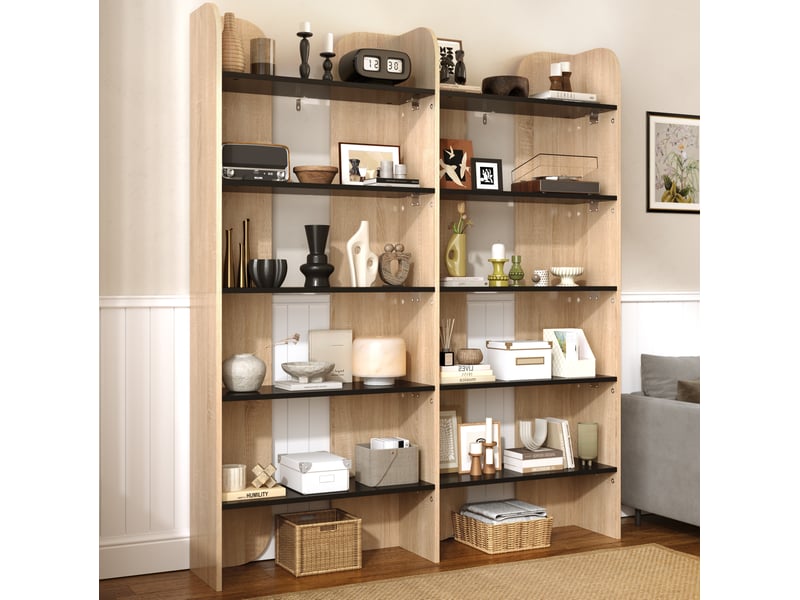  Bibliothèque 135x25x160 cm 5 niveauxouverte, grand rangement, étagère ouverte, panneauxde particules, naturel et noir  - Conforama B