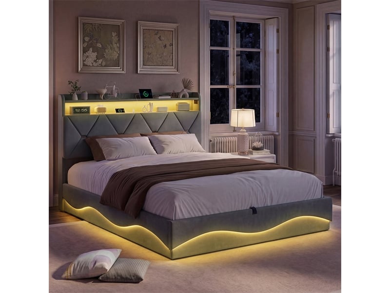  Lit 160x200cm - lit coffre 160x200cm - lit hydraulique avec tête de lit à rangement, led rgb, ports usb et type-c - gris  - Conforama B
