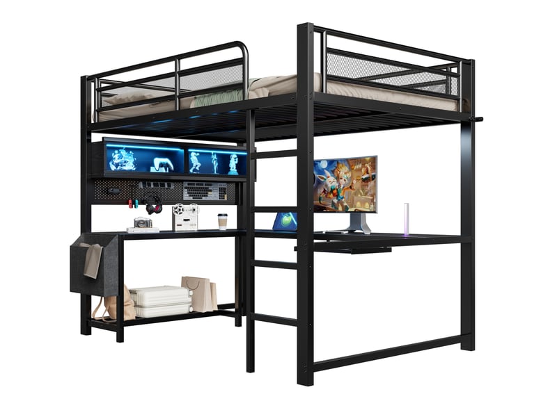  Lit mezzanine 140x200 cm, bureau tablette clavier rangements, led 7 couleurs, prises usb mdf métal noir sans matelas  - Conforama A