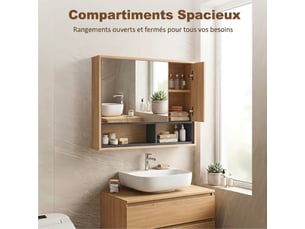Meuble salle de bain avec miroir, chêne, armoire toilettes murale avec placards à 3 portes et 8 compartiments