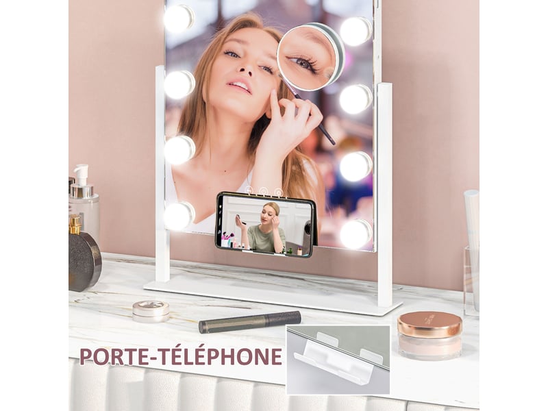 Miroir hollywood avec led 12 ampoules, luminosité réglable, rotation à 360°, grossissement 10x, blanc, touche tactile - Conforama A