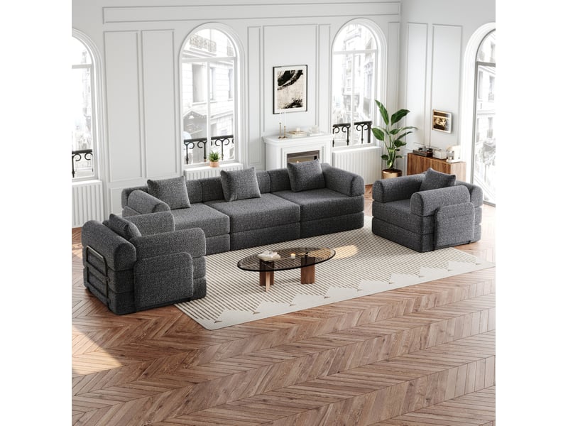  Canapé convertible ulevr 6 places modulable avec rangement d’accoudoir, chenille gris 274 x 183,8 x 69,8 cm  - Conforama E