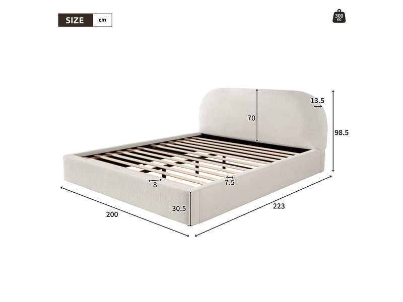  Lit rembourré 180 x 200 cm, lit double avec tête de lit capitonnée, sommier à lattes, bouclé beige  - Conforama C