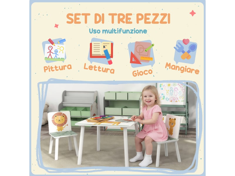  Ensemble de mobilier pour chambre d'enfant avec table et 2 chaises pour enfants de 3 à 8 ans, motif animaux, vert  - Conforama E