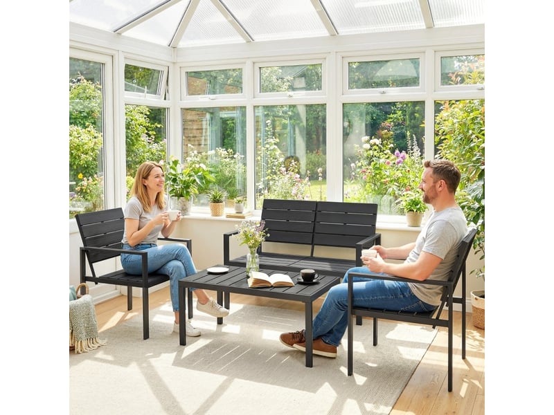 Salon de jardin 4 places 104x71x76,5 cm avec canapé 2 places, 2 fauteuils, table basse, métal noir - Conforama C